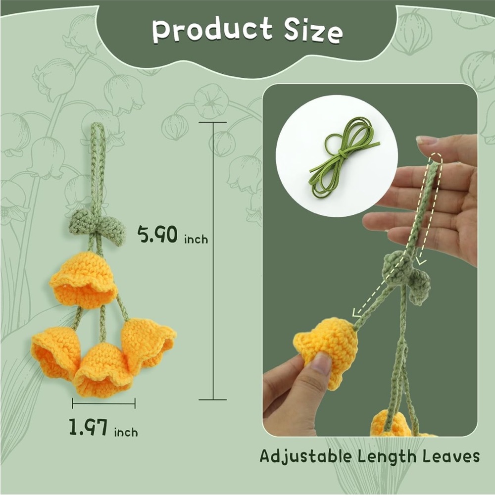 Handmade Dainty Yellow Woven Bell Flower Plant Knit Car Mirror Hanging Accessory - Picture 4 of 10